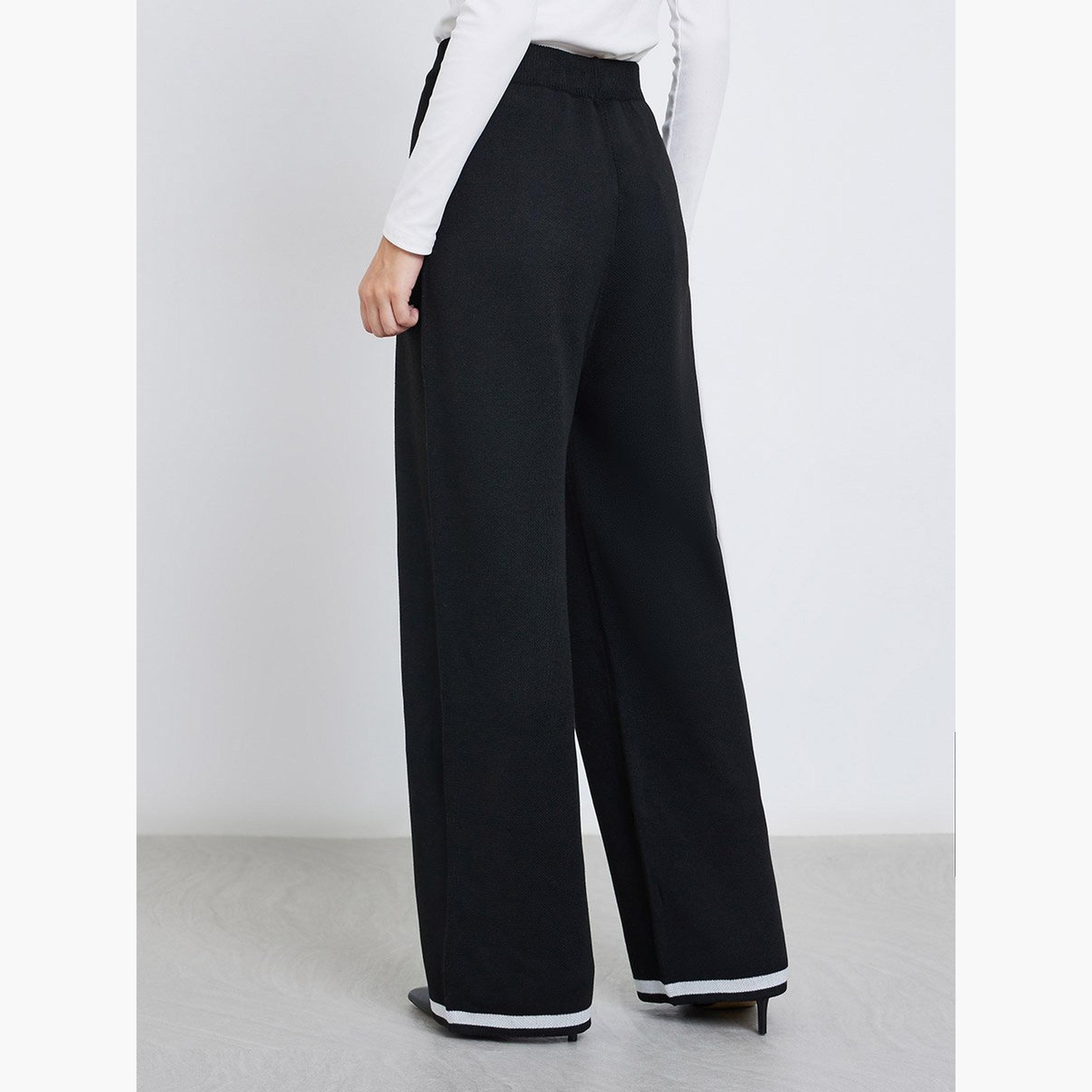 ستايلي - بنطال محبوك كاجوال واسع الساق مع حواف متباينة-women-clothing-bottoms-trousers-image-5