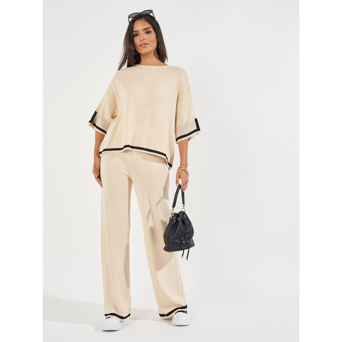 Styli Wide Leg Casual Knit Pants with Contrast Trim-women-clothing-bottoms-trousers-image-1