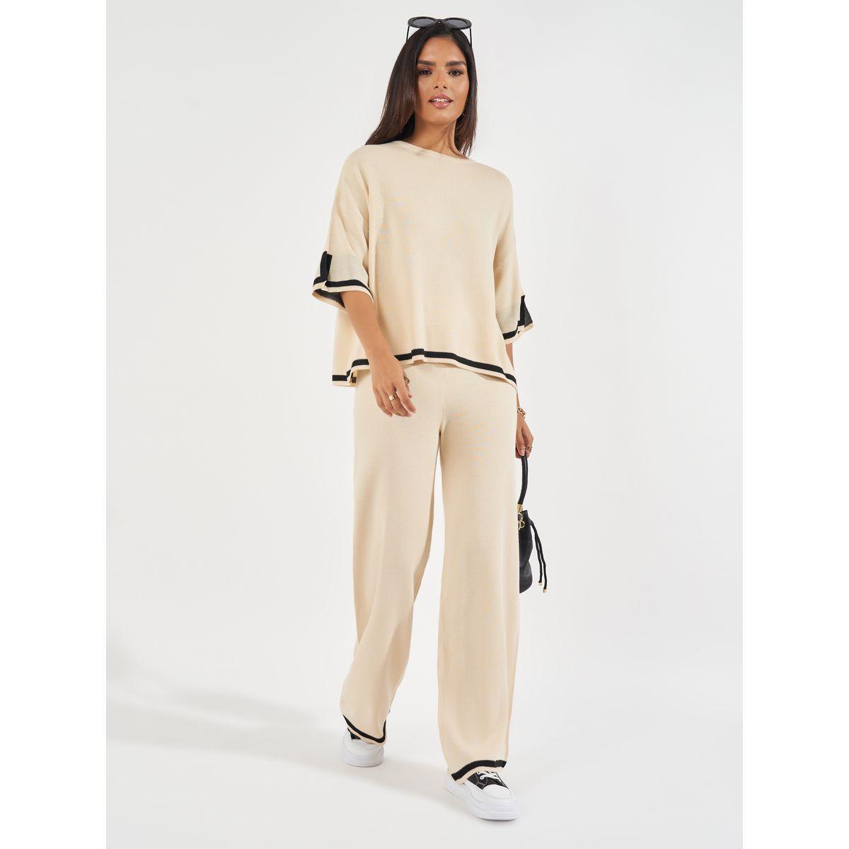 Styli Wide Leg Casual Knit Pants with Contrast Trim-women-clothing-bottoms-trousers-image-2