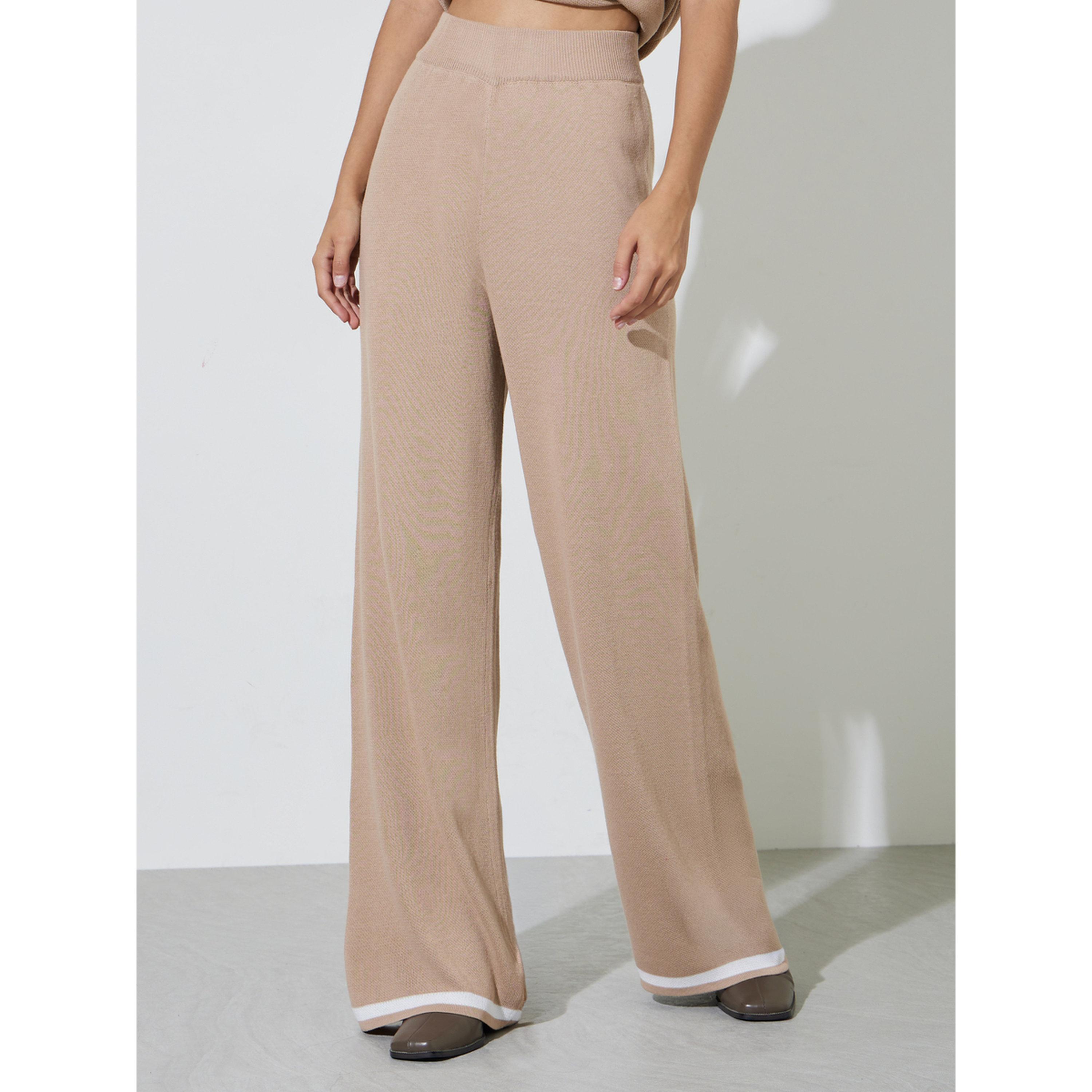 بنطال محبوك كاجوال بأرجل واسعة وحواف متباينة-women-clothing-joggers-image-1