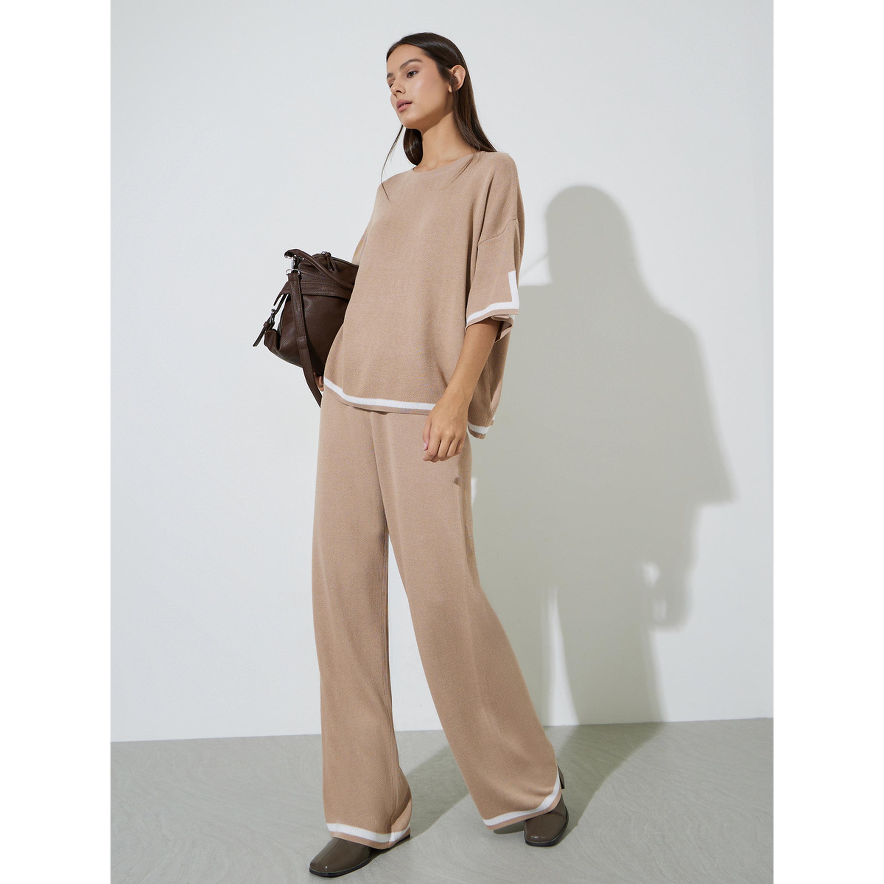 بنطال محبوك كاجوال بأرجل واسعة وحواف متباينة-women-clothing-joggers-image-2