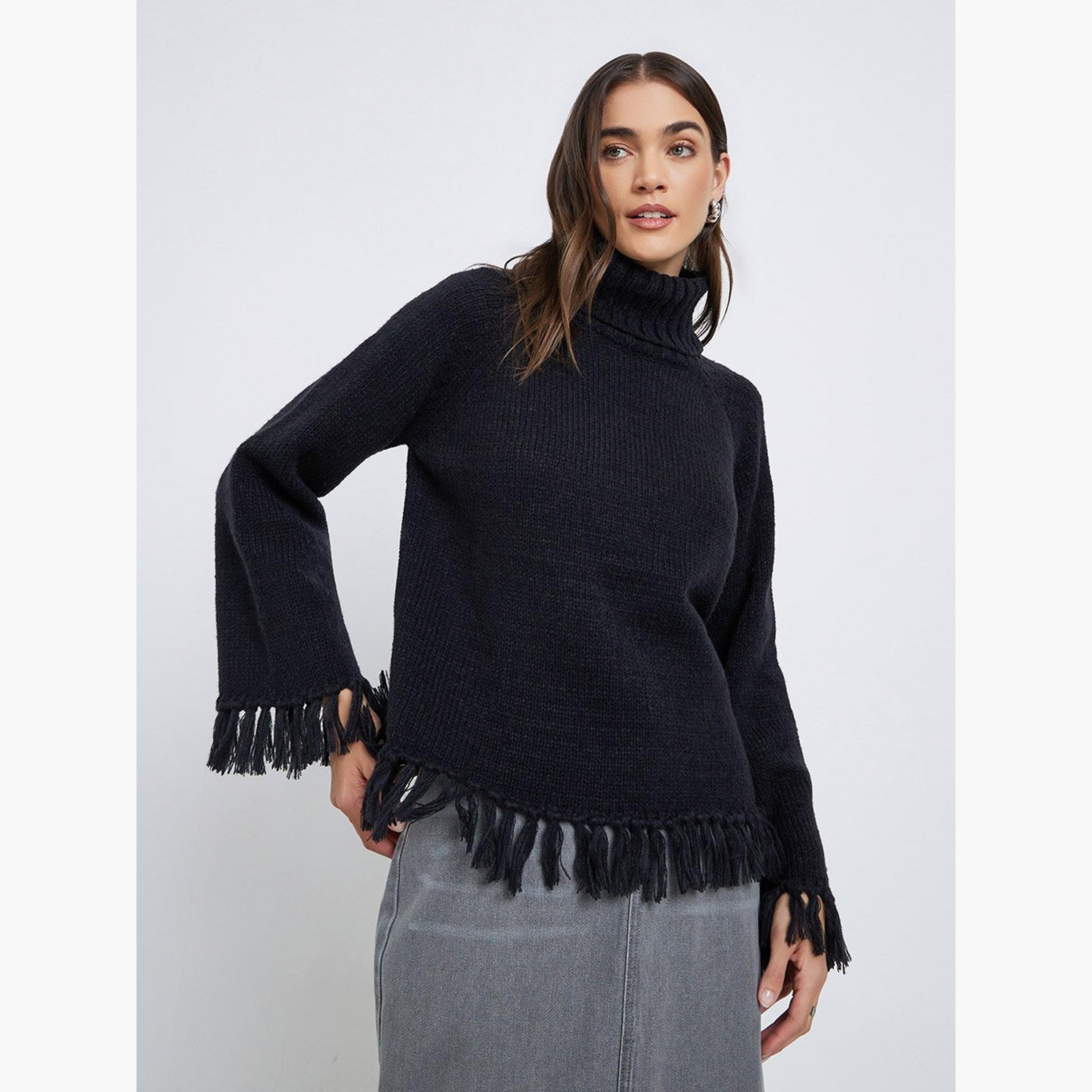 Styli Black Fringe Hem Sweater-women-winterwear-cardigansandjumpers-jumpers-image-1