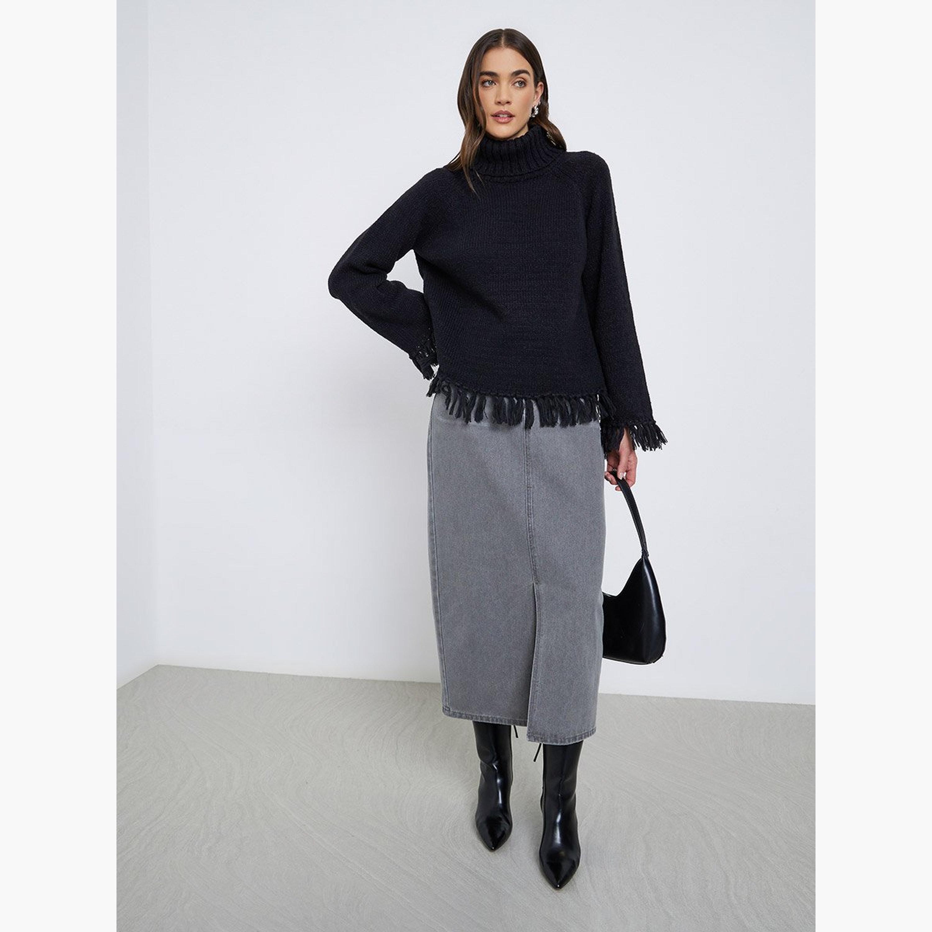 Styli Black Fringe Hem Sweater-women-winterwear-cardigansandjumpers-jumpers-image-2