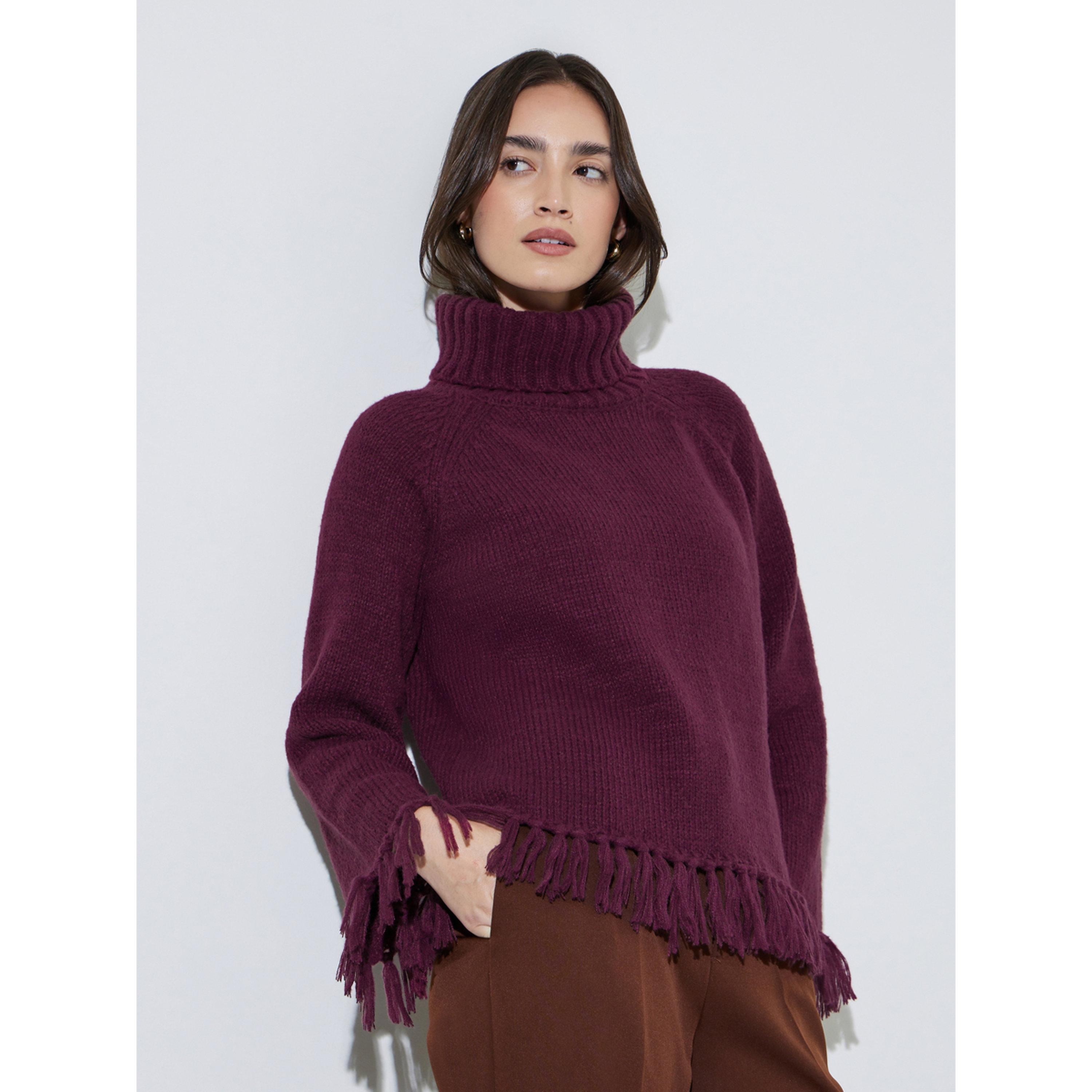 Styli Burgundy Knitted Turtle Neck Sweater with Tassel Hem Detail-women-winterwear-cardigansandjumpers-jumpers-image-1