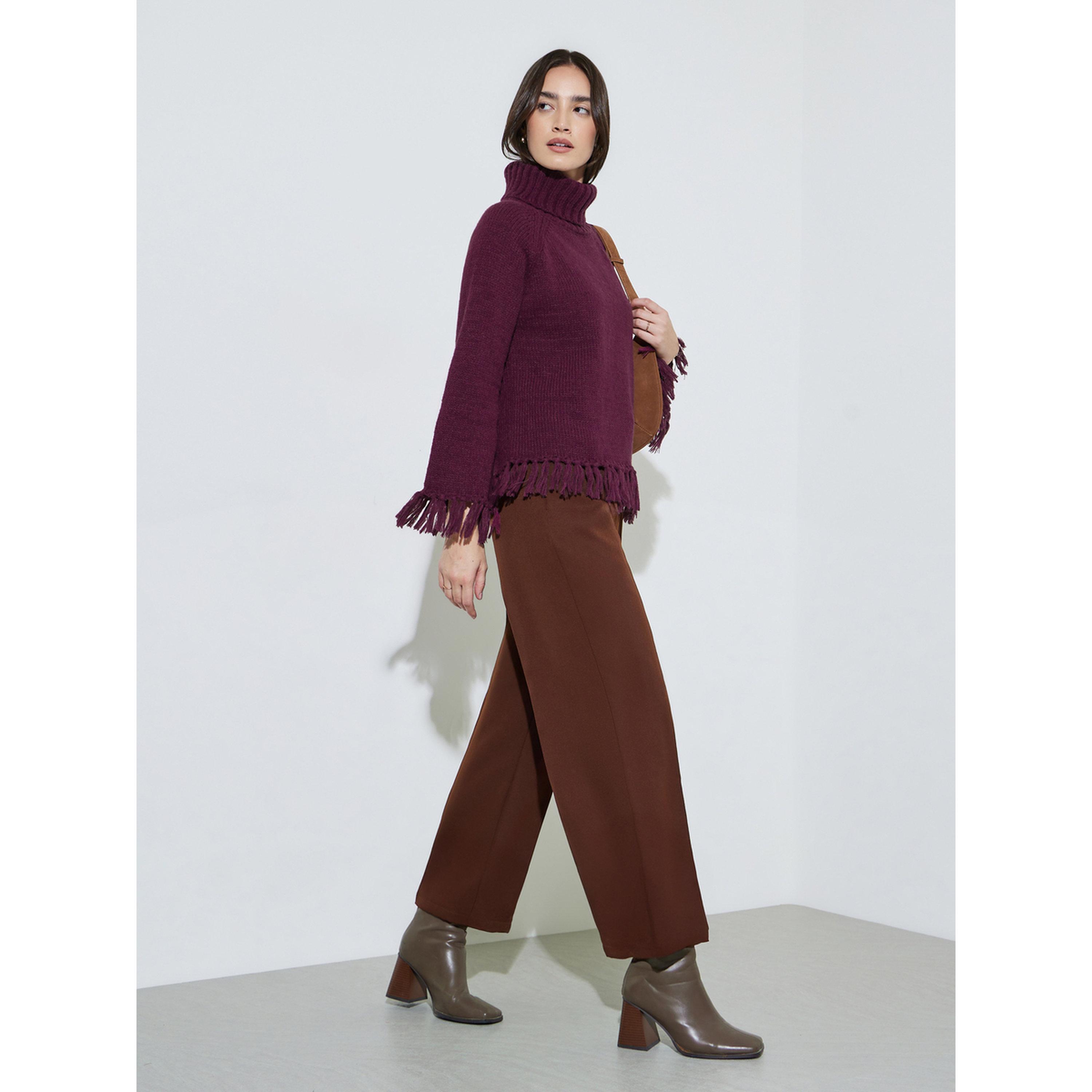 Styli Burgundy Knitted Turtle Neck Sweater with Tassel Hem Detail-women-winterwear-cardigansandjumpers-jumpers-image-2