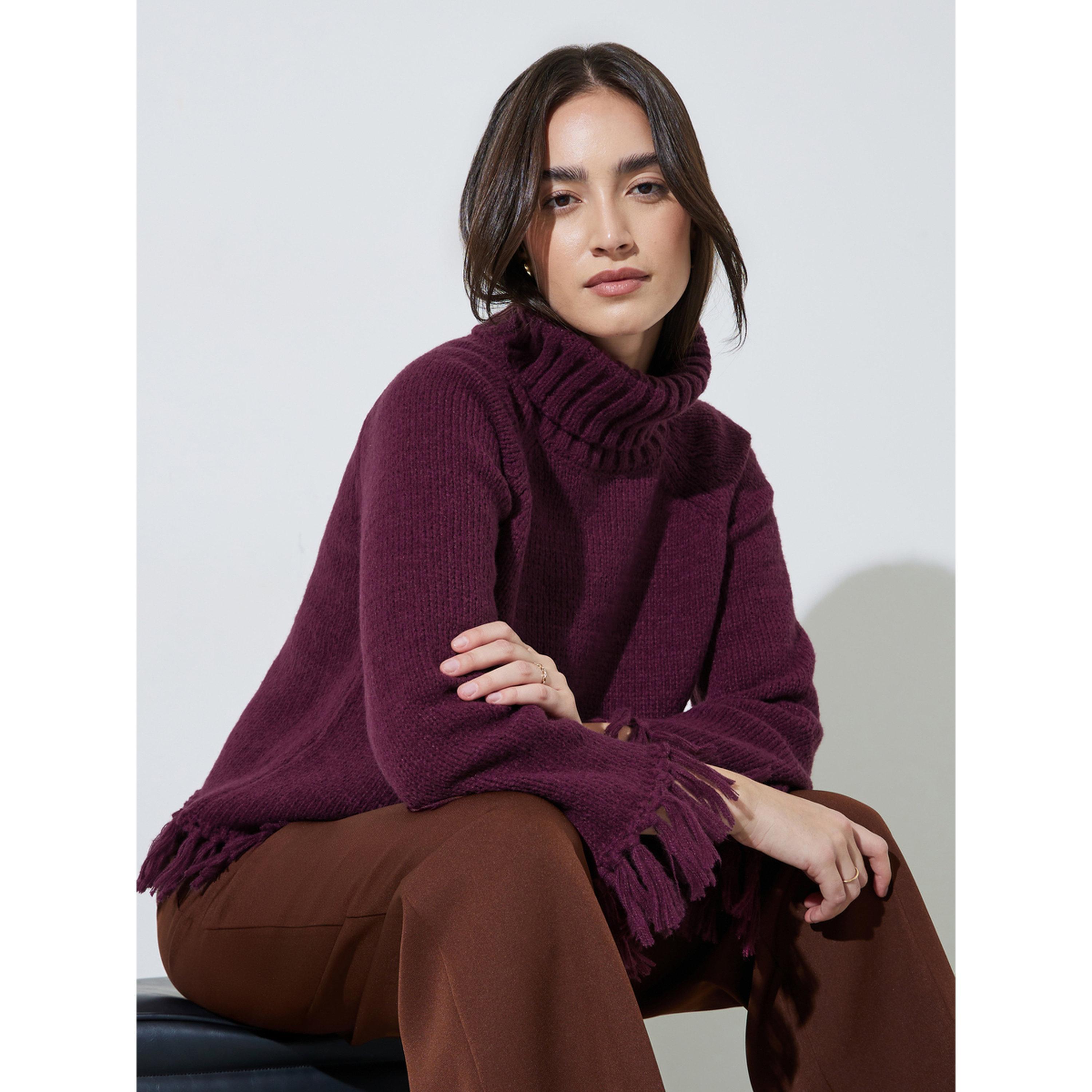 Styli Burgundy Knitted Turtle Neck Sweater with Tassel Hem Detail-women-winterwear-cardigansandjumpers-jumpers-image-4