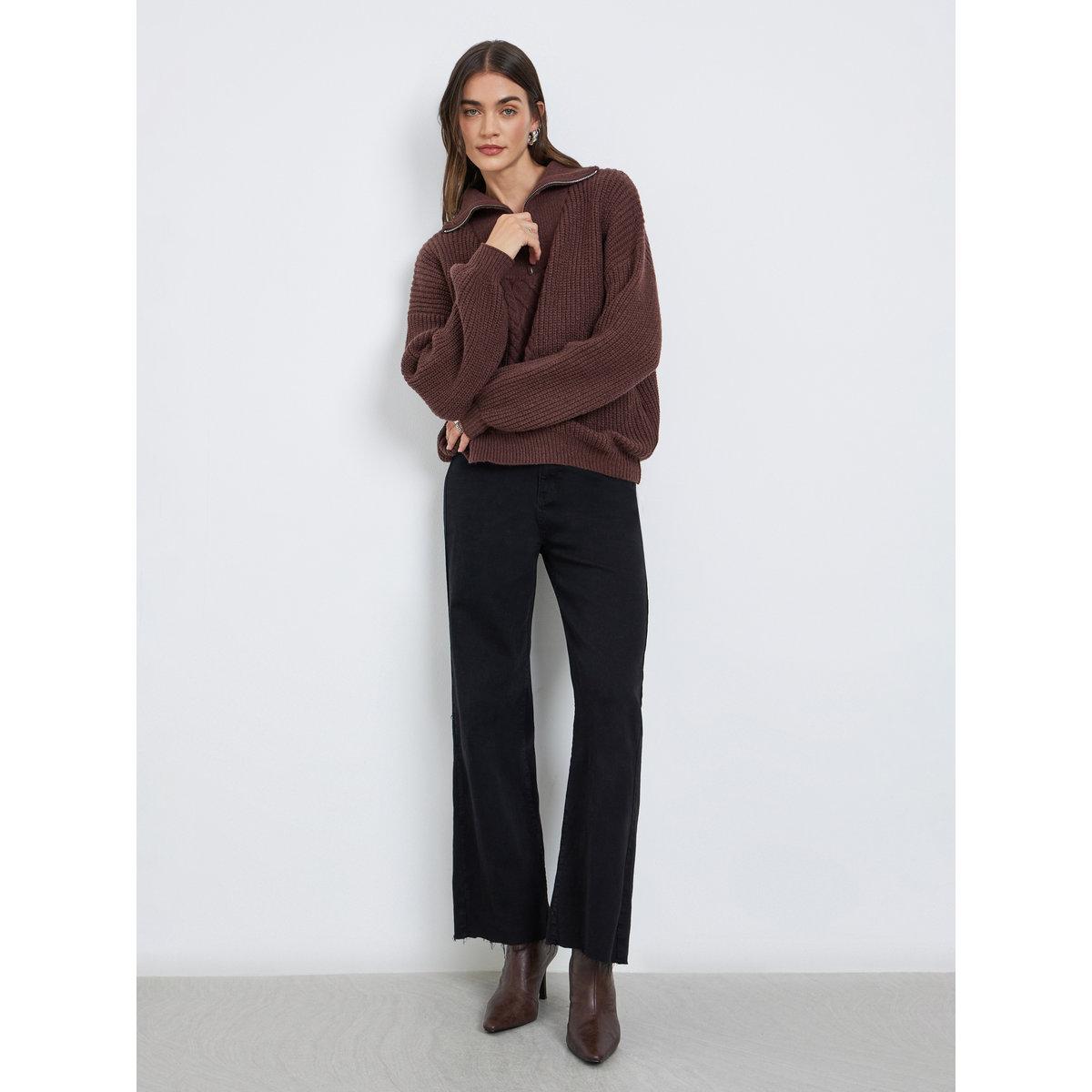 Styli Coffee Brown Cable Knit Half-Zip Sweater-women-winterwear-cardigansandjumpers-jumpers-image-2