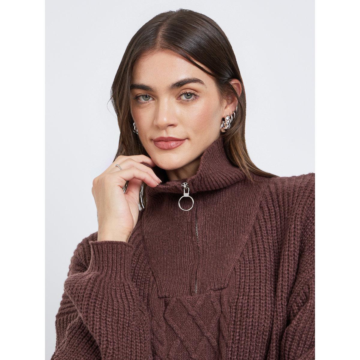 Styli Coffee Brown Cable Knit Half-Zip Sweater-women-winterwear-cardigansandjumpers-jumpers-image-3