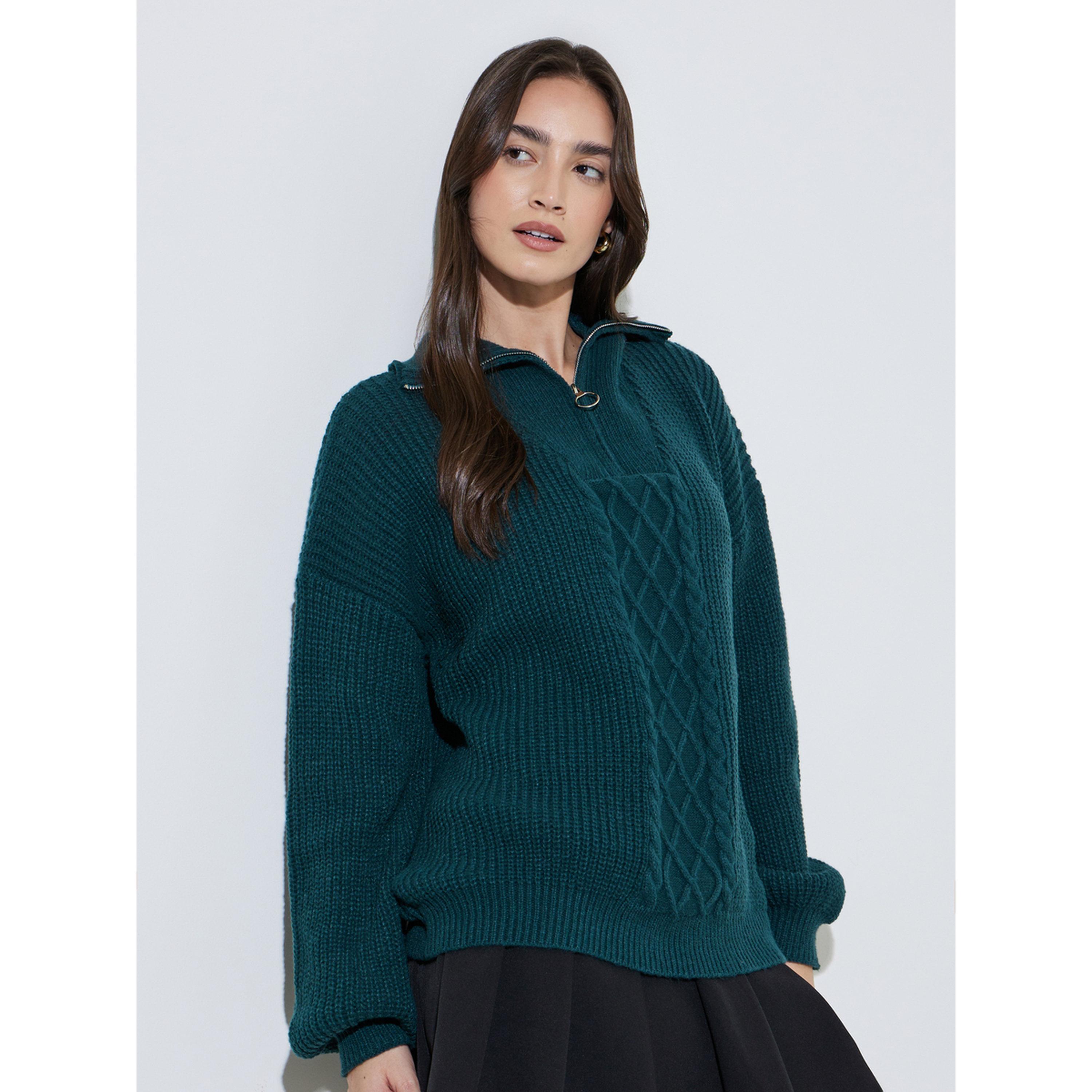 Styli Dark Green Cable Knit Half-Zip Sweater-women-winterwear-cardigansandjumpers-jumpers-image-1