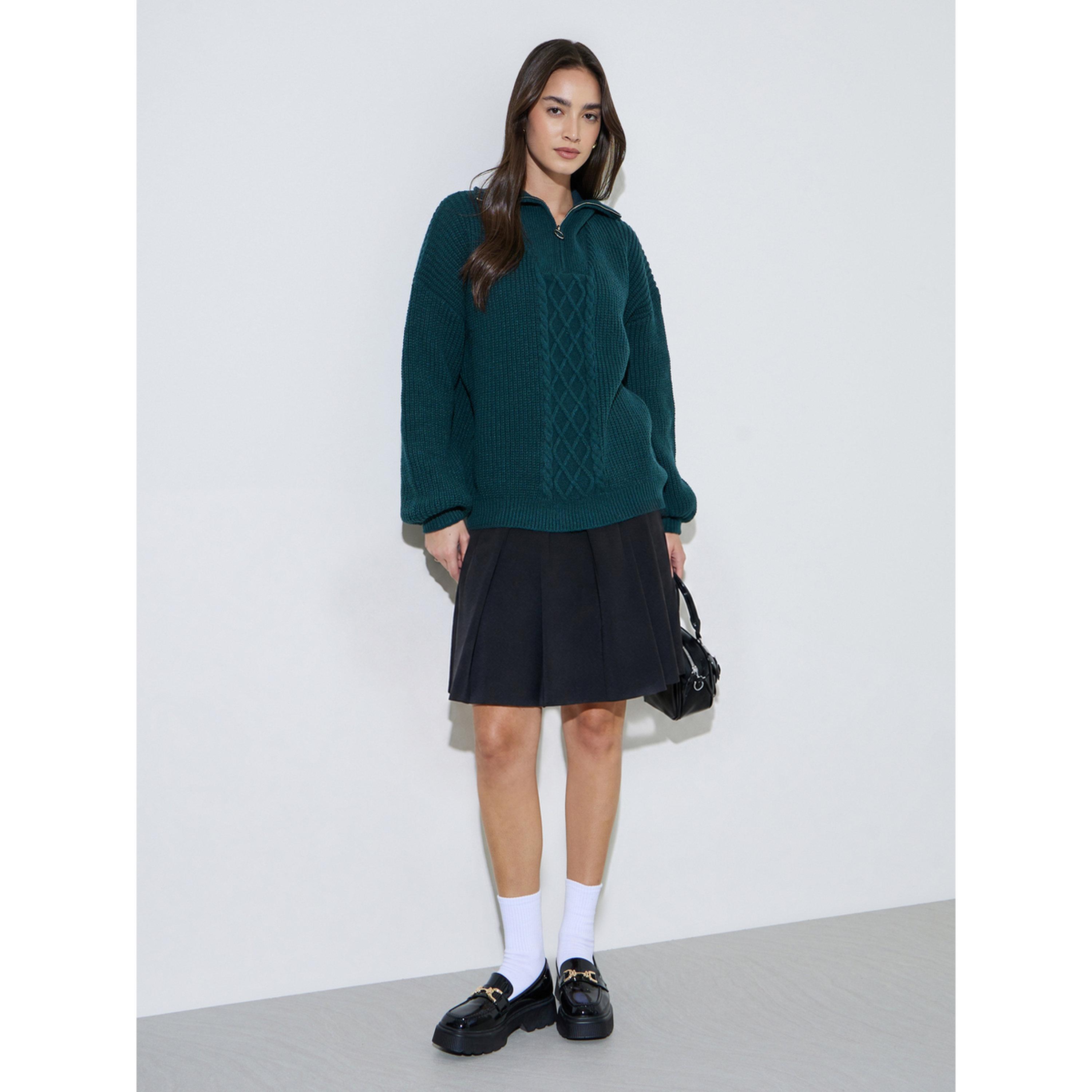 Styli Dark Green Cable Knit Half-Zip Sweater-women-winterwear-cardigansandjumpers-jumpers-image-2