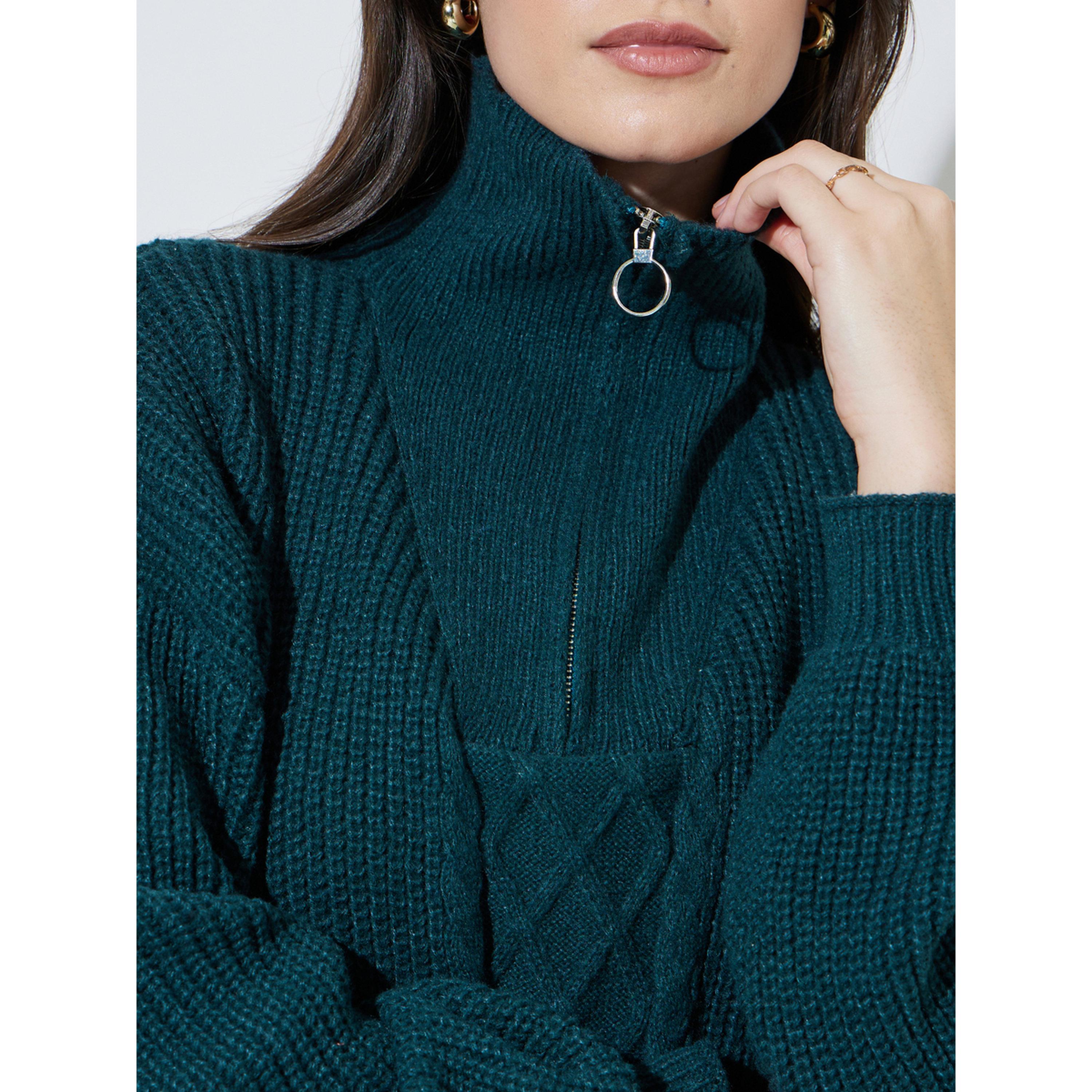 Styli Dark Green Cable Knit Half-Zip Sweater-women-winterwear-cardigansandjumpers-jumpers-image-4