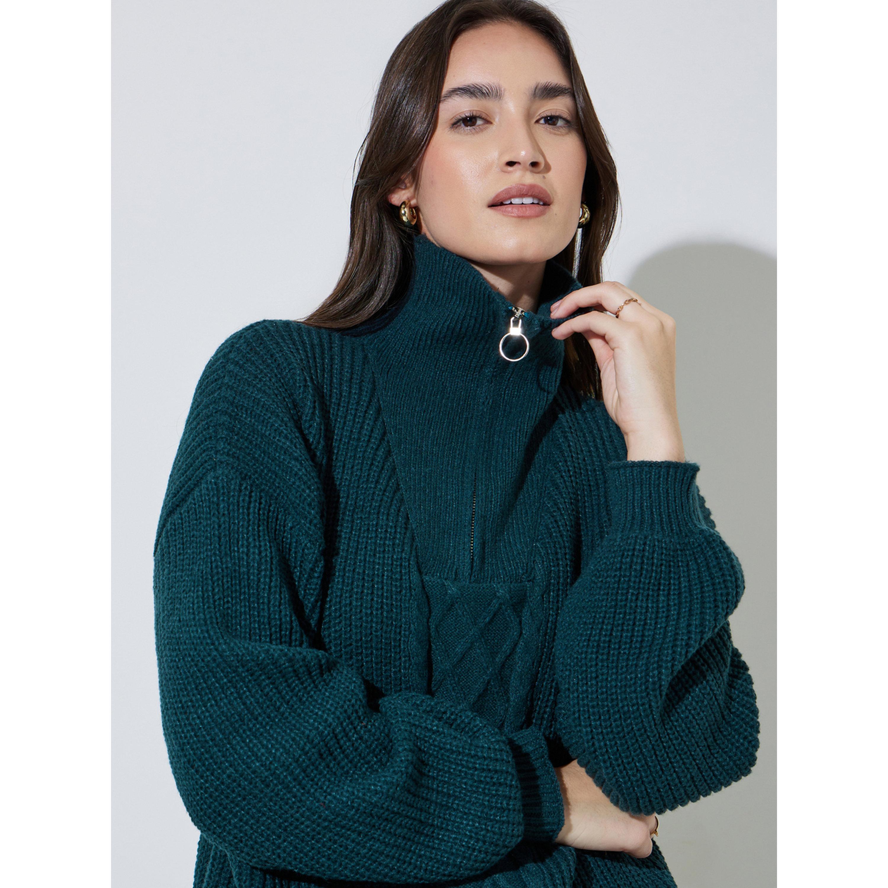 Styli Dark Green Cable Knit Half-Zip Sweater-women-winterwear-cardigansandjumpers-jumpers-image-5