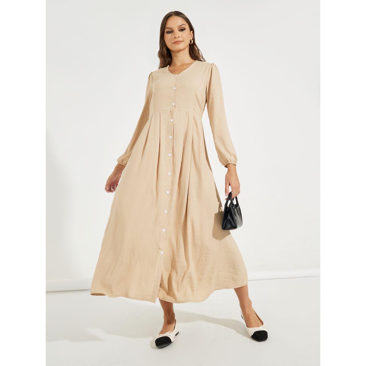 Styli Solid Button Detail Long Sleeve Midi Dress-women-clothing-dresses-image-1