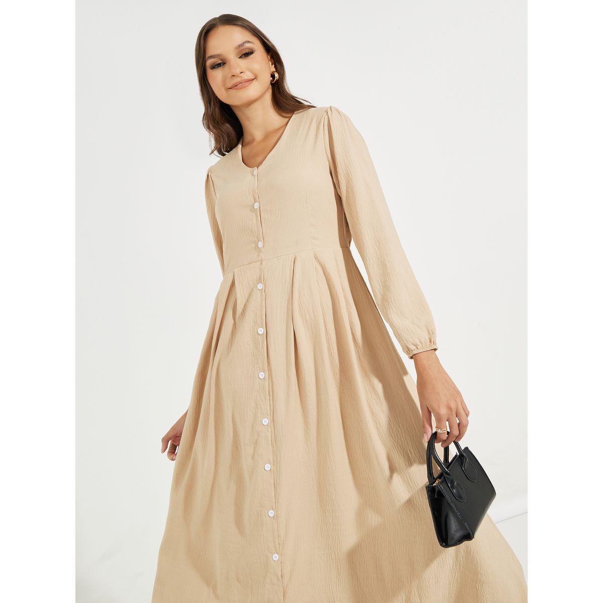 فستان ميدي سادة مزين بأزرار مع أكمام طويلة-women-clothing-dresses-image-3