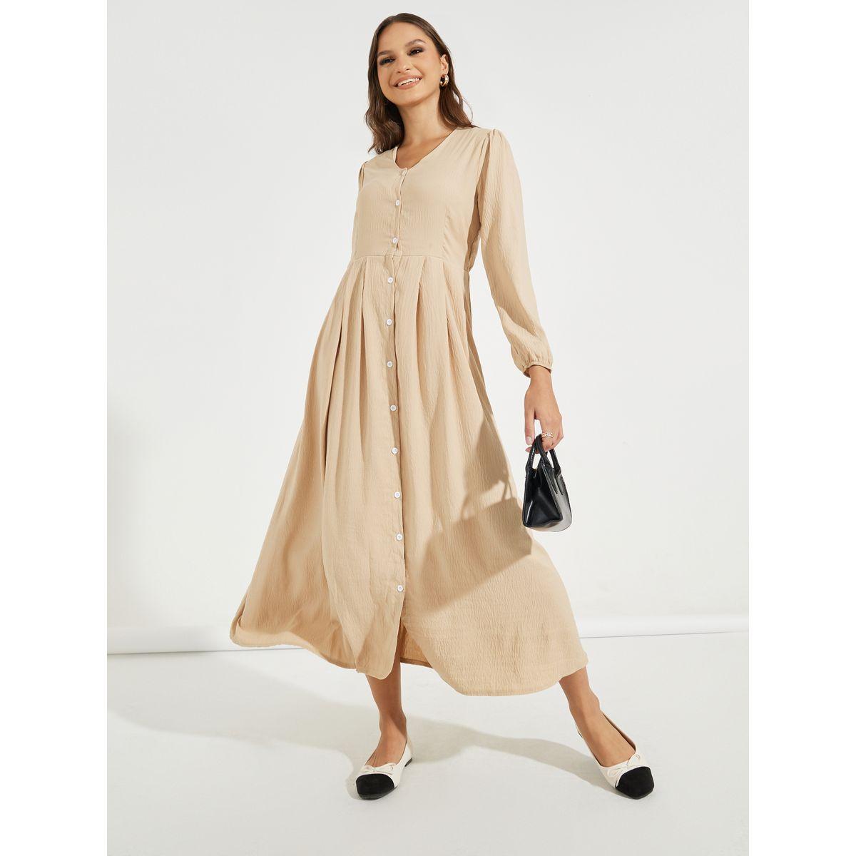 فستان ميدي سادة مزين بأزرار مع أكمام طويلة-women-clothing-dresses-image-4