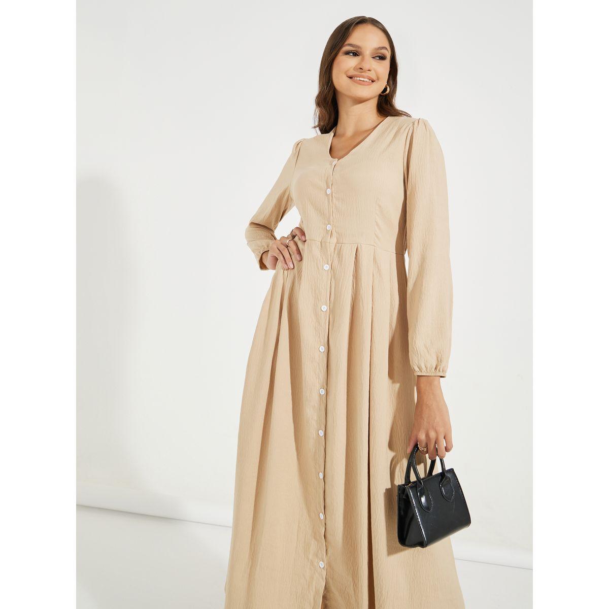 فستان ميدي سادة مزين بأزرار مع أكمام طويلة-women-clothing-dresses-image-5