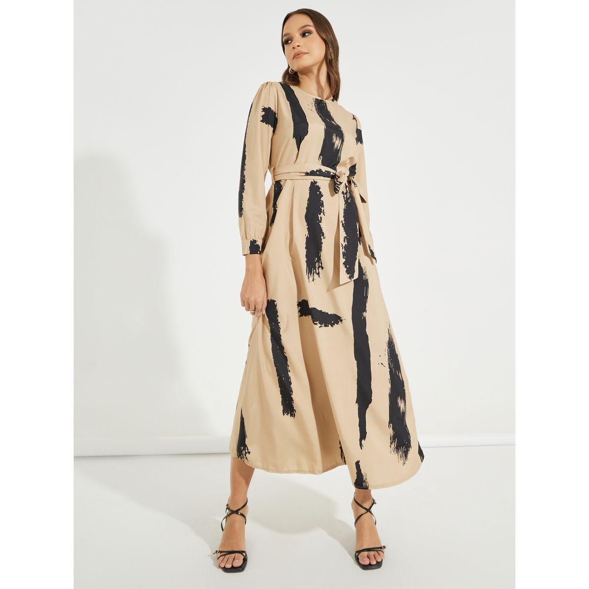 Styli Brush Pattern A-Line Maxi Dress with Tie Belt-women-clothing-dresses-image-1