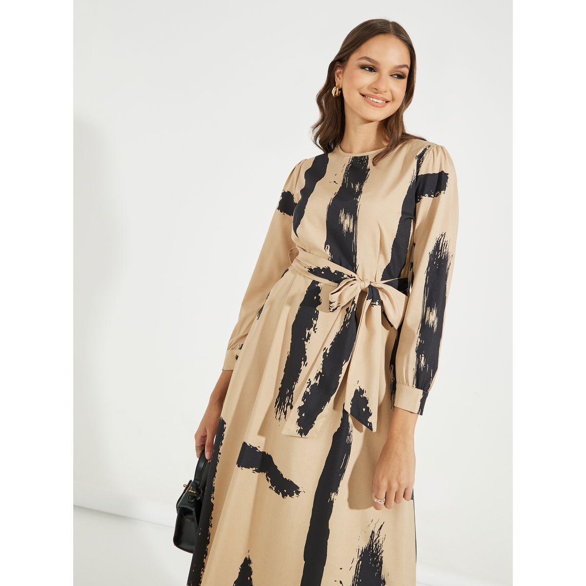 Styli Brush Pattern A-Line Maxi Dress with Tie Belt-women-clothing-dresses-image-2