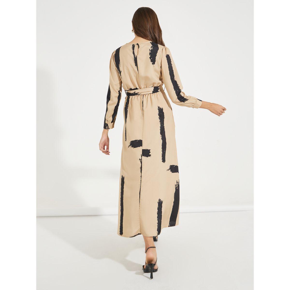 Styli Brush Pattern A-Line Maxi Dress with Tie Belt-women-clothing-dresses-image-6