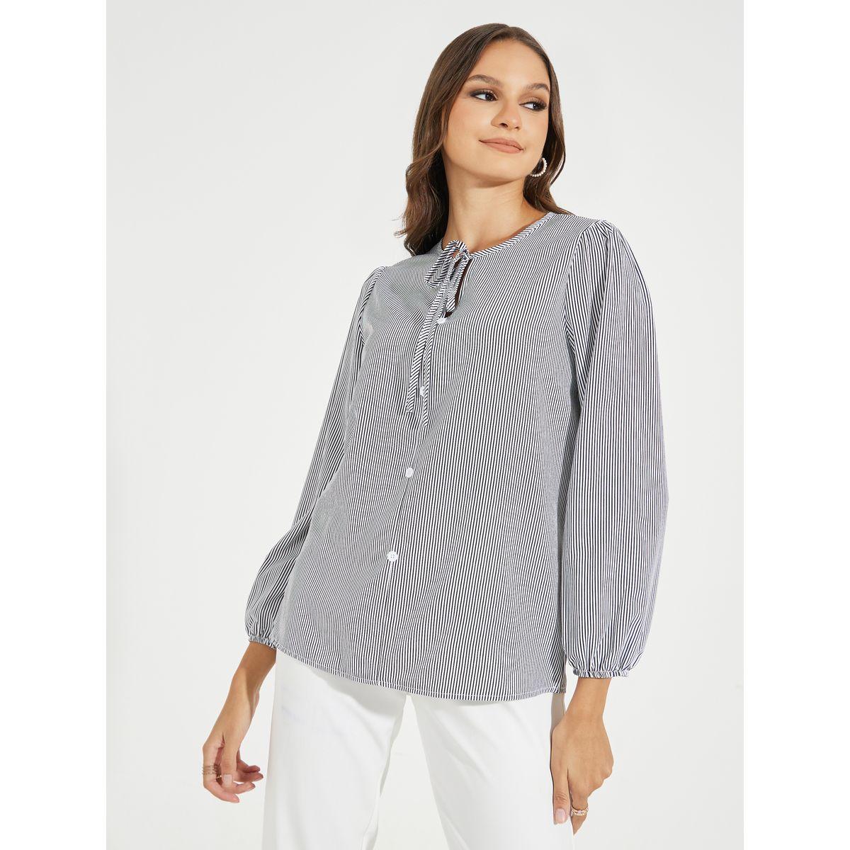 Styli Pinstriped Tie-Up Neck Blouse-women-clothing-shirtsandblouses-blouses-image-1