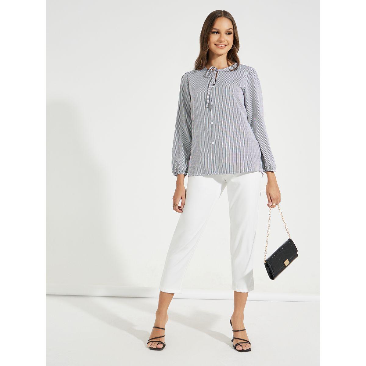 Styli Pinstriped Tie-Up Neck Blouse-women-clothing-shirtsandblouses-blouses-image-2