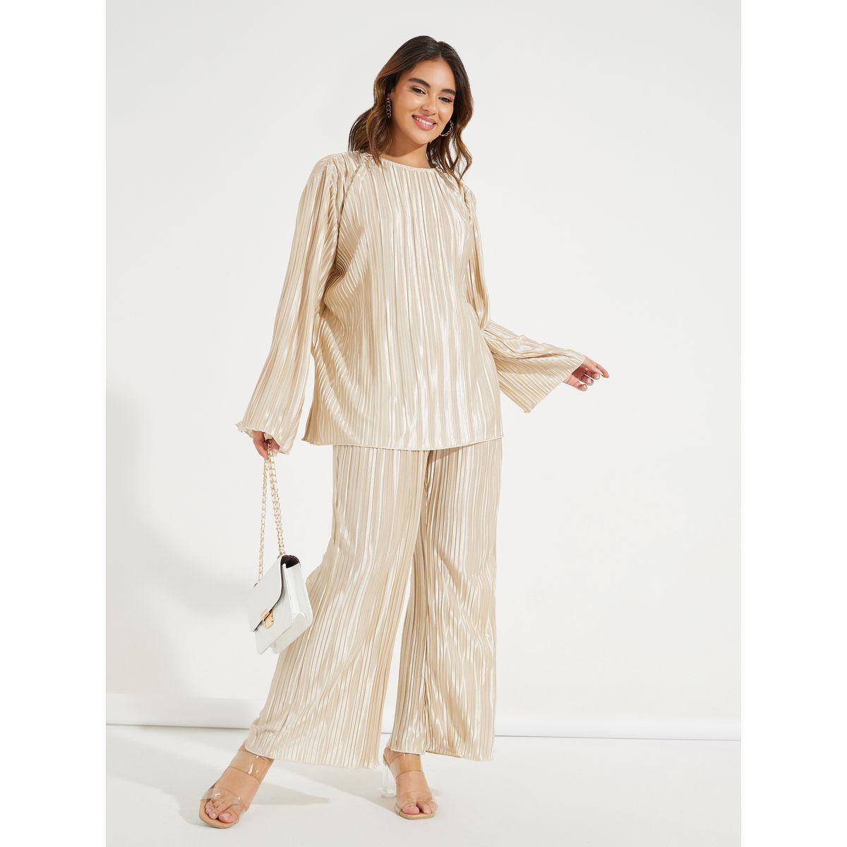 Styli Pleated Flute Sleeves Top & Pants Co-Ords-women-clothing-coordsets-image-1