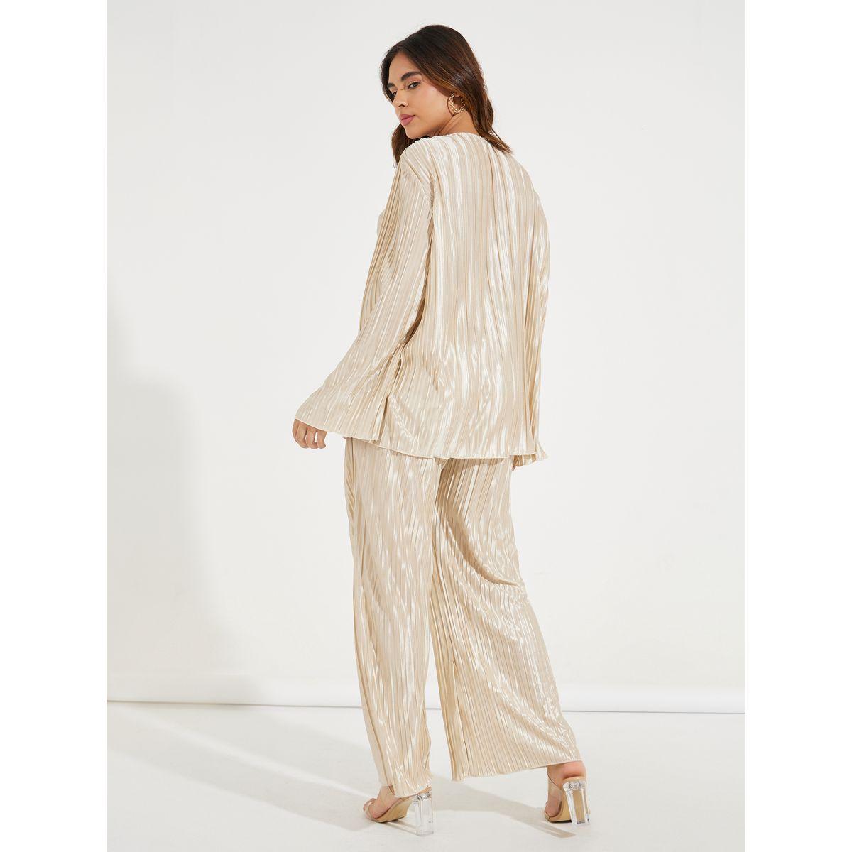 Styli Pleated Flute Sleeves Top & Pants Co-Ords-women-clothing-coordsets-image-4