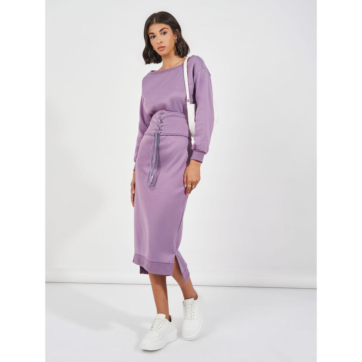 Styli Elevate Lace Up Corset Waist Belt Sweatshirt Midi Dress-women-clothing-dresses-image-1