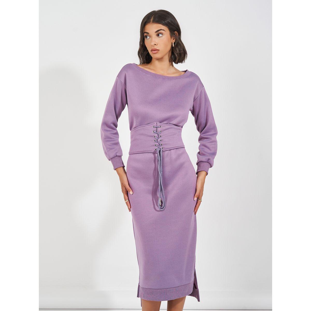 Styli Elevate Lace Up Corset Waist Belt Sweatshirt Midi Dress-women-clothing-dresses-image-5