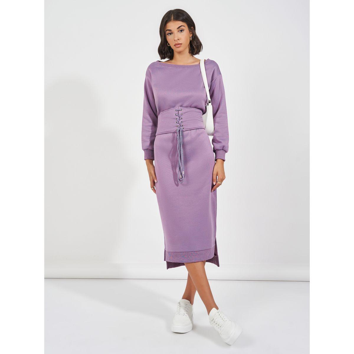 Styli Elevate Lace Up Corset Waist Belt Sweatshirt Midi Dress-women-clothing-dresses-image-6