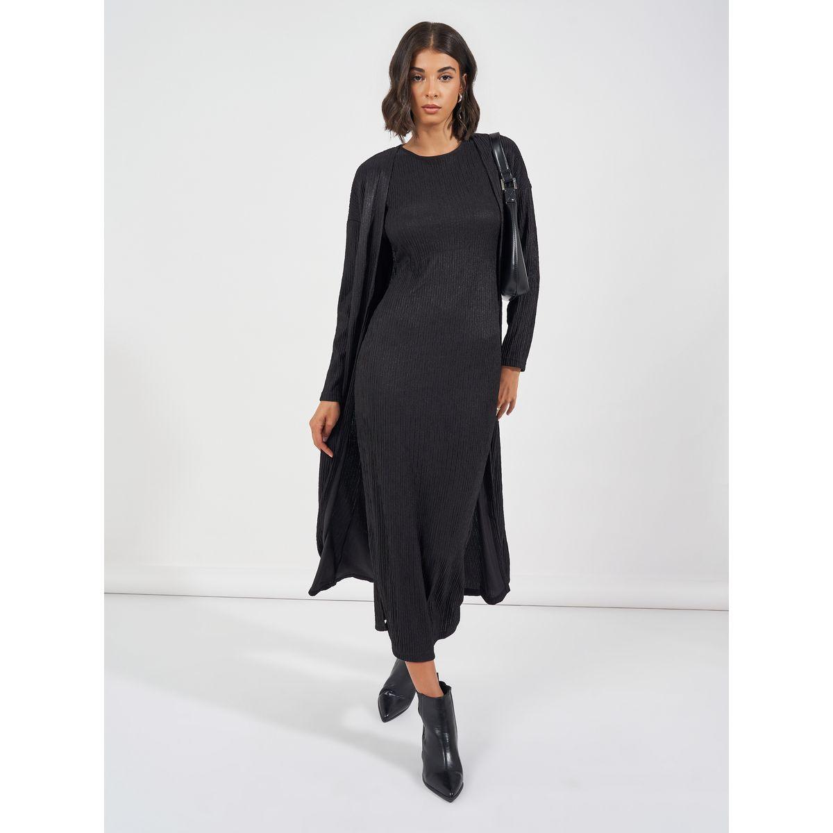 Styli Elevate Textured Midi Dress & Open Front Kimono Co-Ords-women-clothing-coordsets-image-1