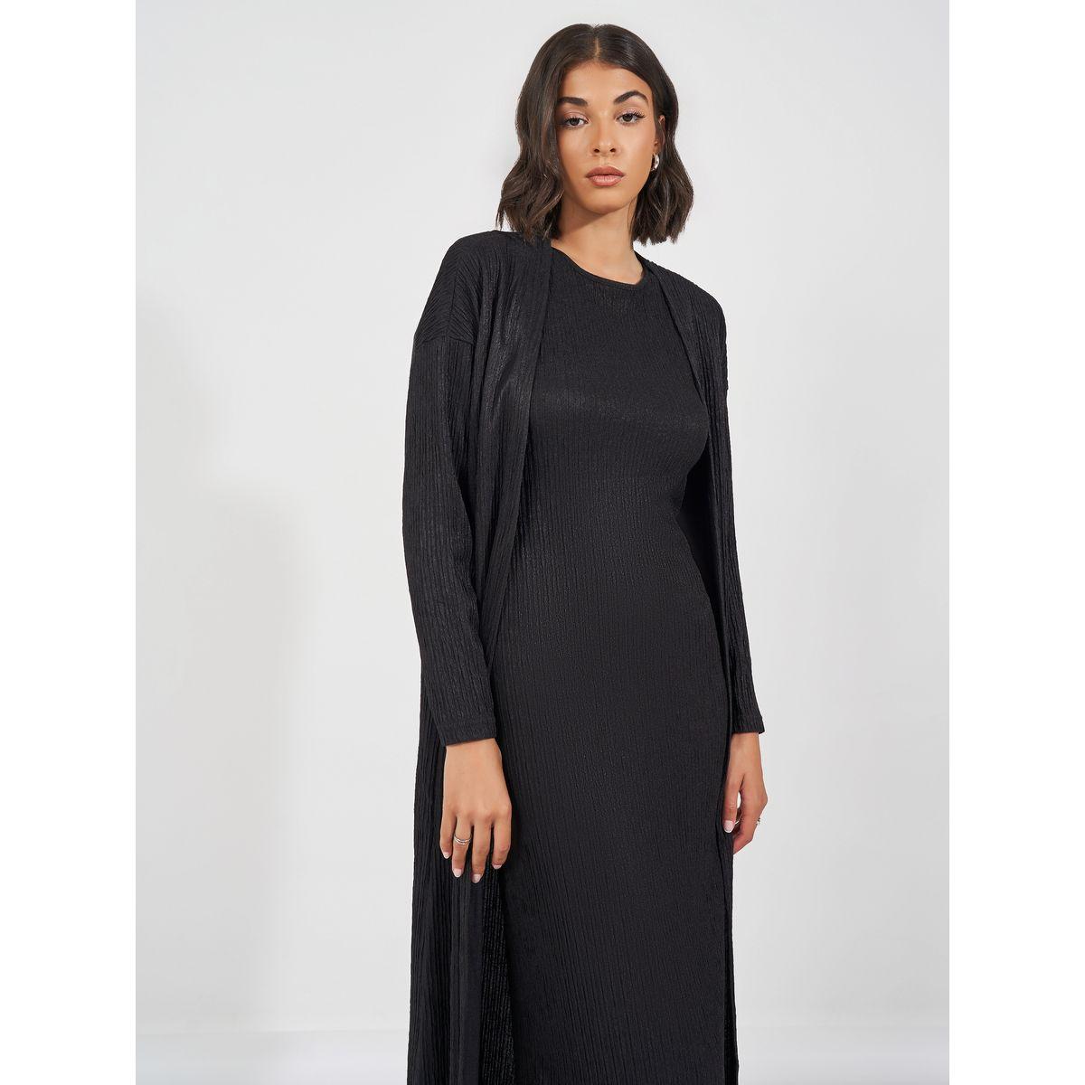 Styli Elevate Textured Midi Dress & Open Front Kimono Co-Ords-women-clothing-coordsets-image-3