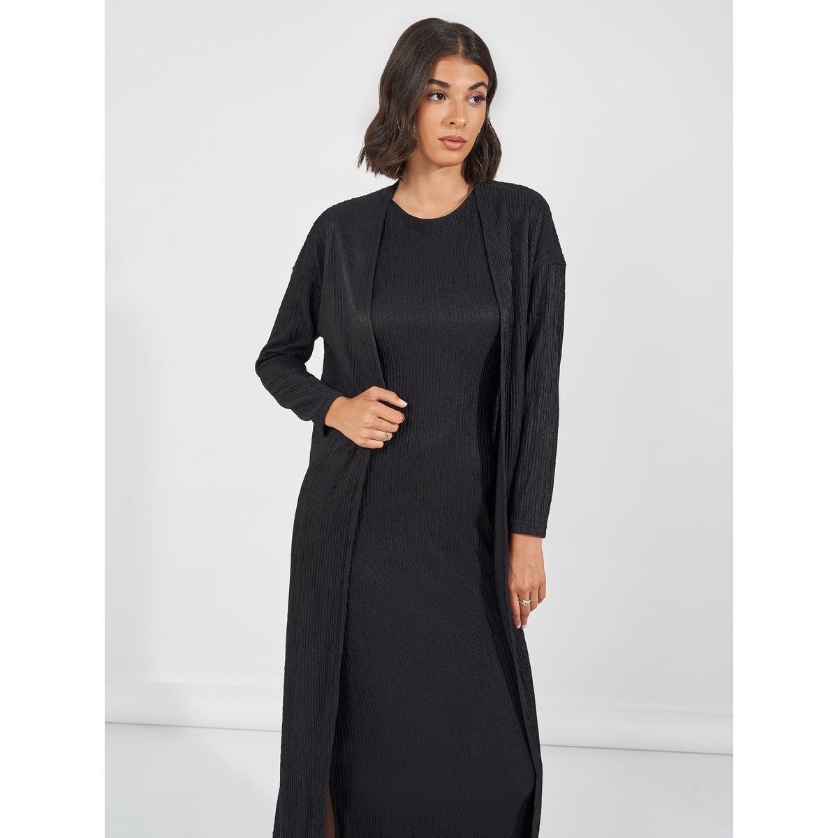Styli Elevate Textured Midi Dress & Open Front Kimono Co-Ords-women-clothing-coordsets-image-4