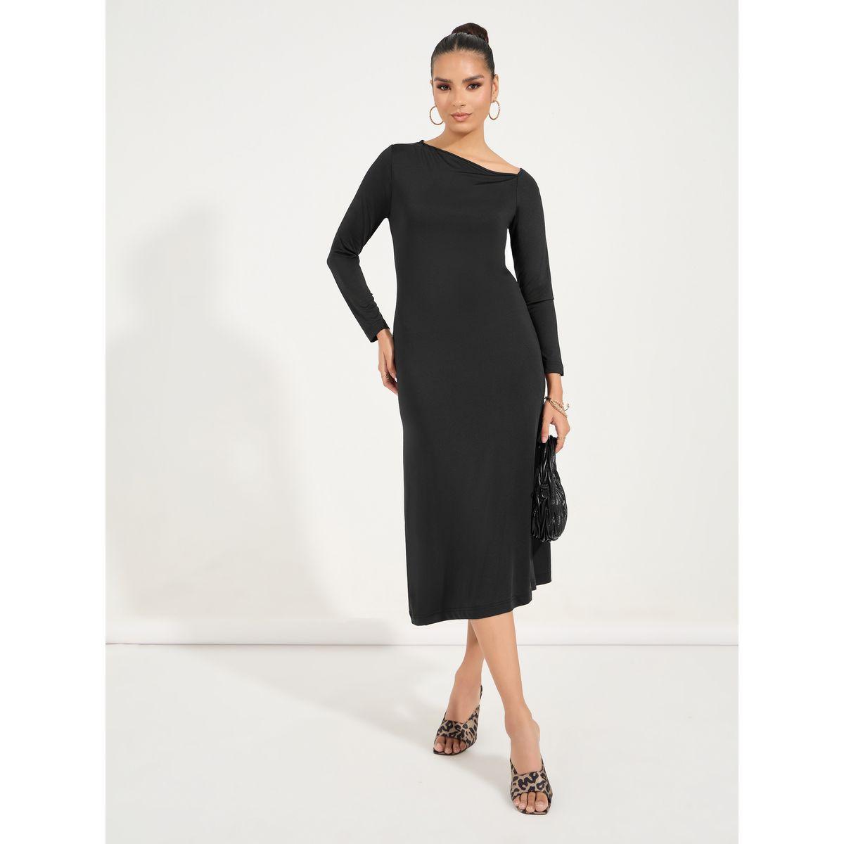 فستان ميدي بديكون بياقة غير متماثلة الطول-women-clothing-dresses-image-1