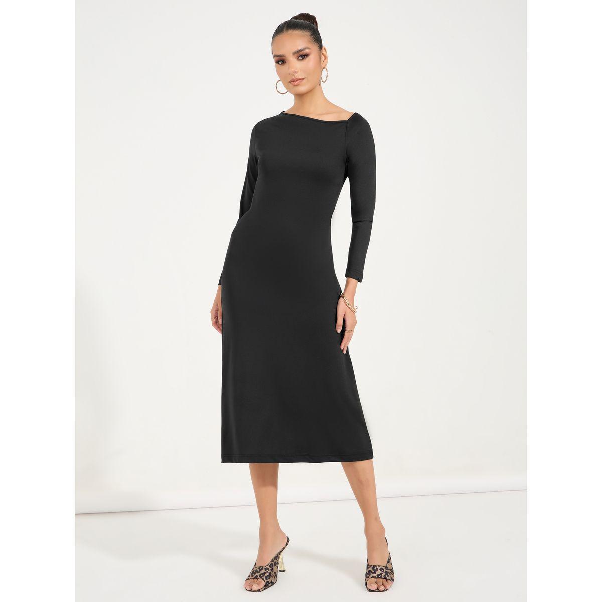 فستان ميدي بديكون بياقة غير متماثلة الطول-women-clothing-dresses-image-4