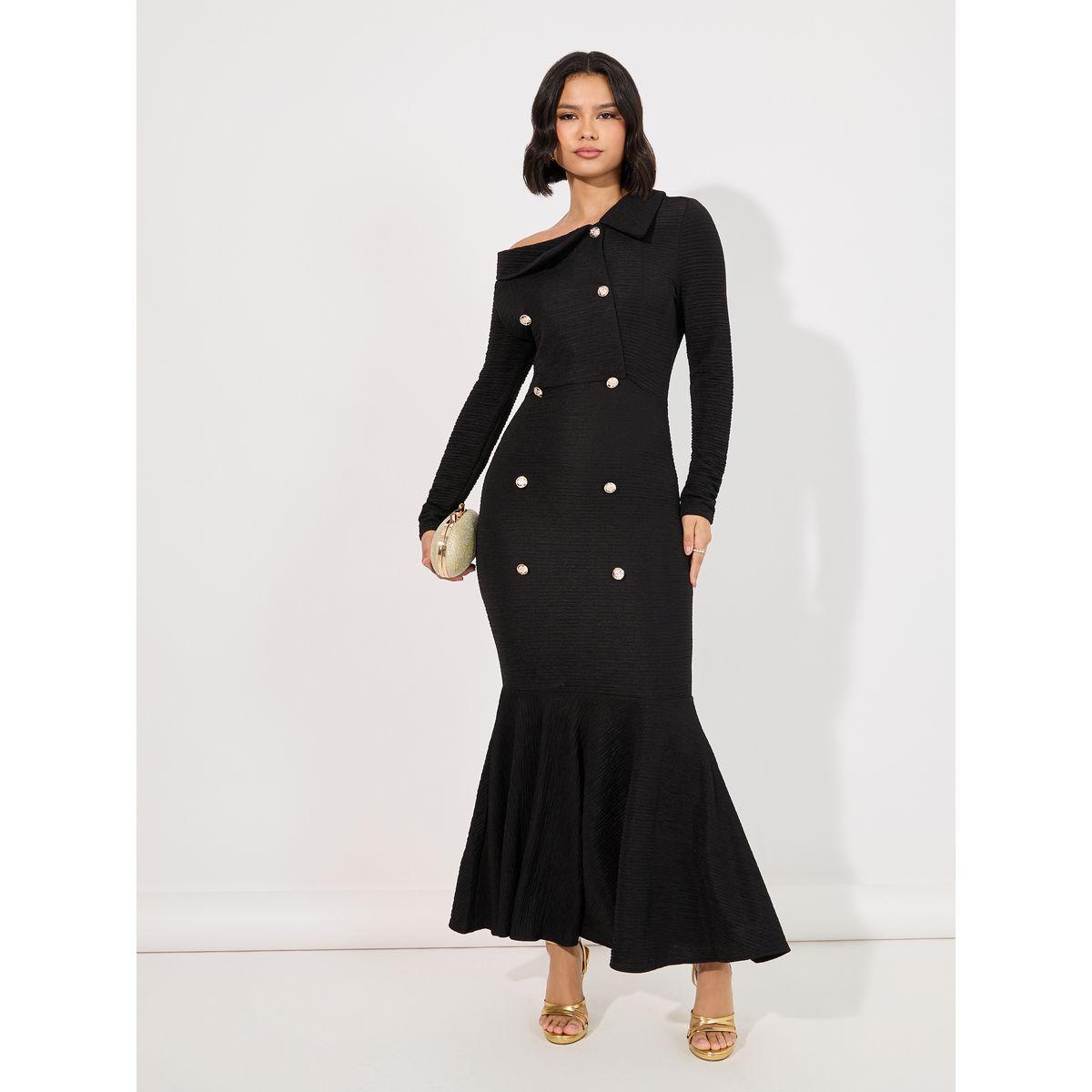 Styli Asymmetric Neck Textured Bodycon Maxi Dress-women-clothing-dresses-image-1