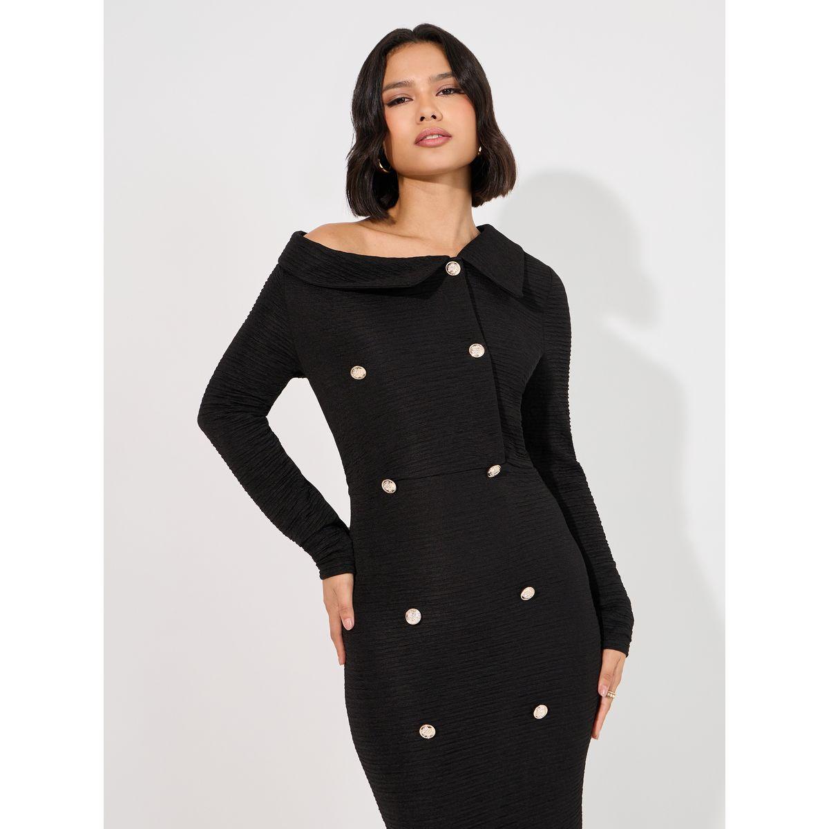 Styli Asymmetric Neck Textured Bodycon Maxi Dress-women-clothing-dresses-image-2