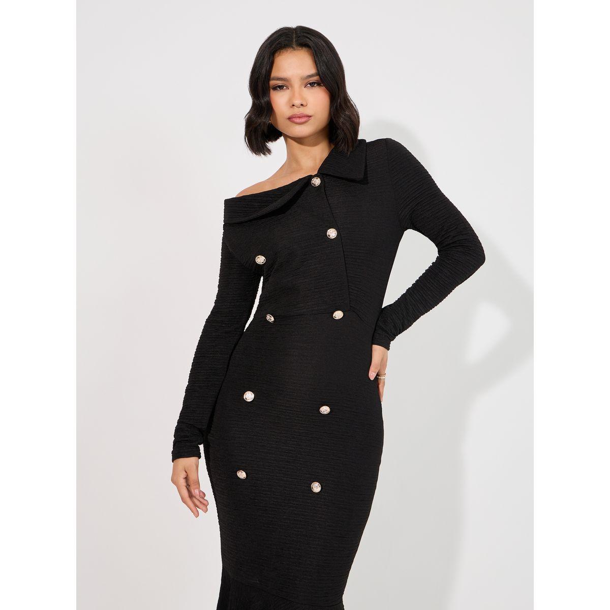 فستان طويل بديكون بياقة غير متماثلة الطول-women-clothing-dresses-image-5