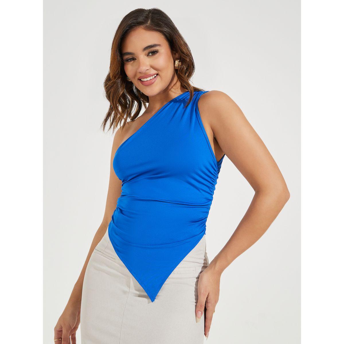 بلوزة بكتف واحد وحافة غير متماثلة الطول كوزي × ستايلي-women-clothing-tshirts-image-1