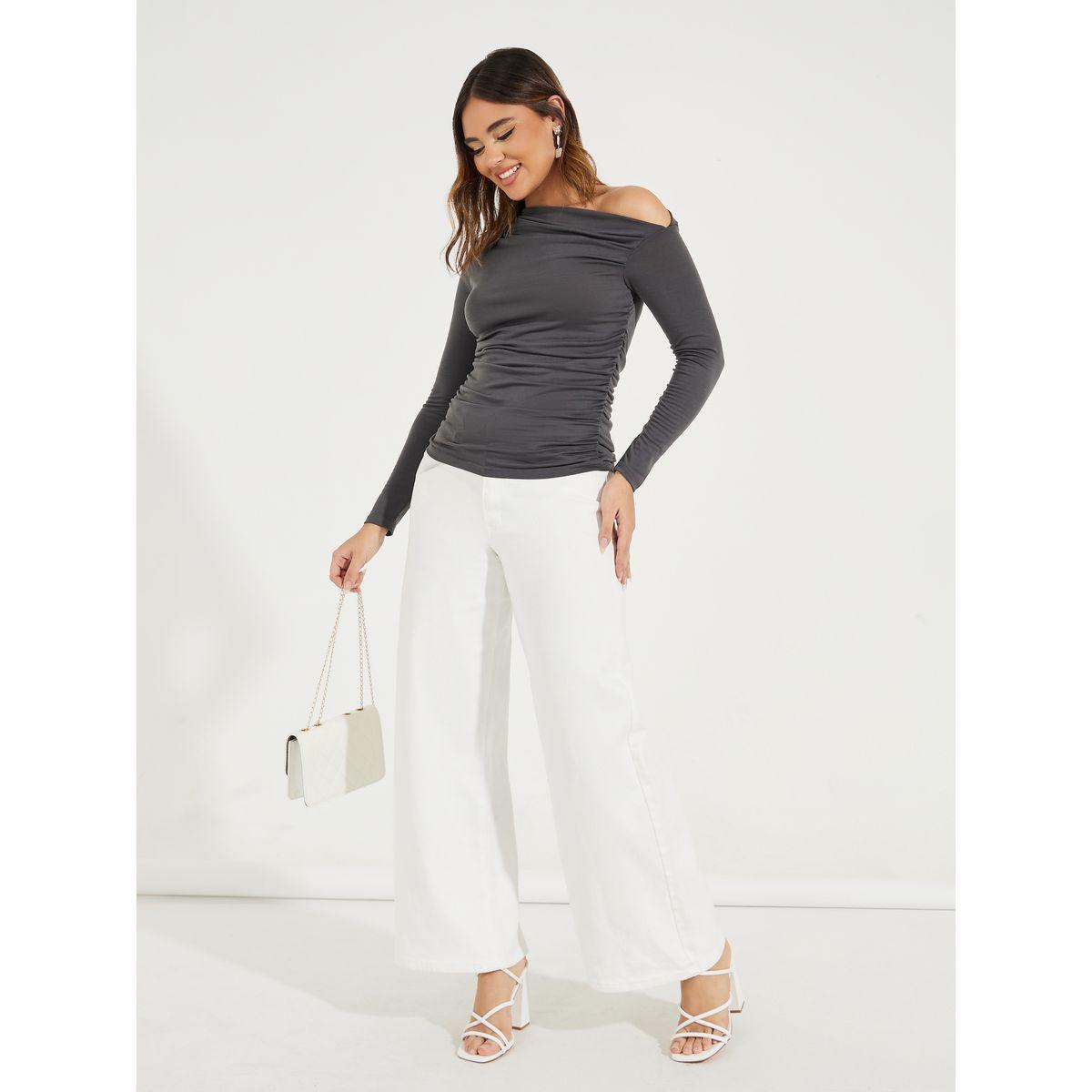 Causey X Styli  Fitted Asymmetric Neck Gathered T-Shirt-women-clothing-tshirts-image-2