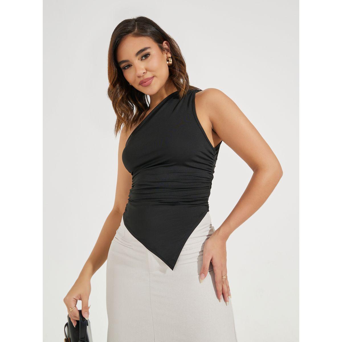 Causey X Styli  One Shoulder Neck Asymmetrical Hem Top-women-clothing-tshirts-image-1