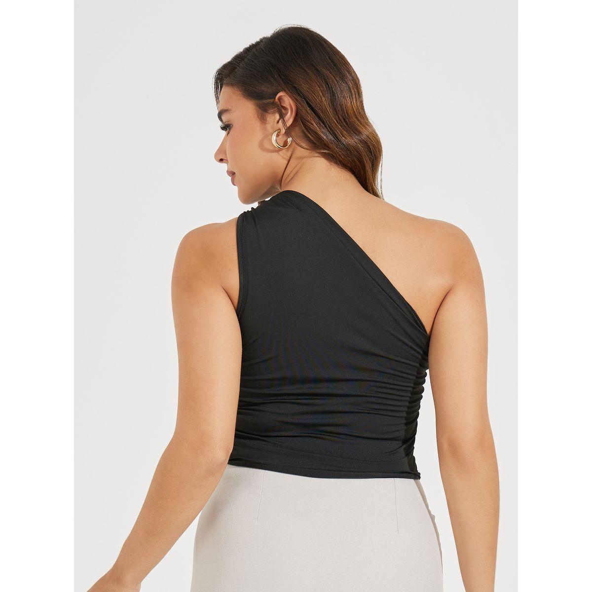 بلوزة بكتف واحد وحافة غير متماثلة الطول كوزي × ستايلي-women-clothing-tshirts-image-4