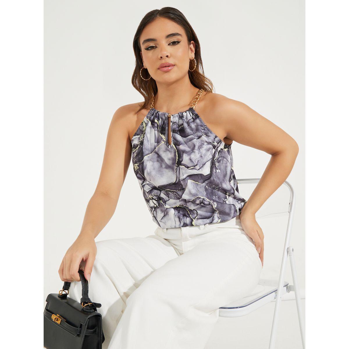 بلوزة كامي بياقة هولتر وطبعة ماربل كوزي × ستايلي-women-clothing-tshirts-image-1