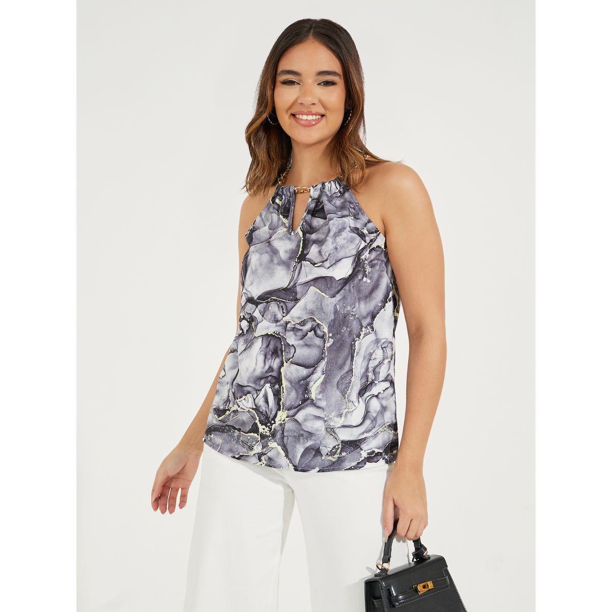 بلوزة كامي بياقة هولتر وطبعة ماربل كوزي × ستايلي-women-clothing-tshirts-image-4