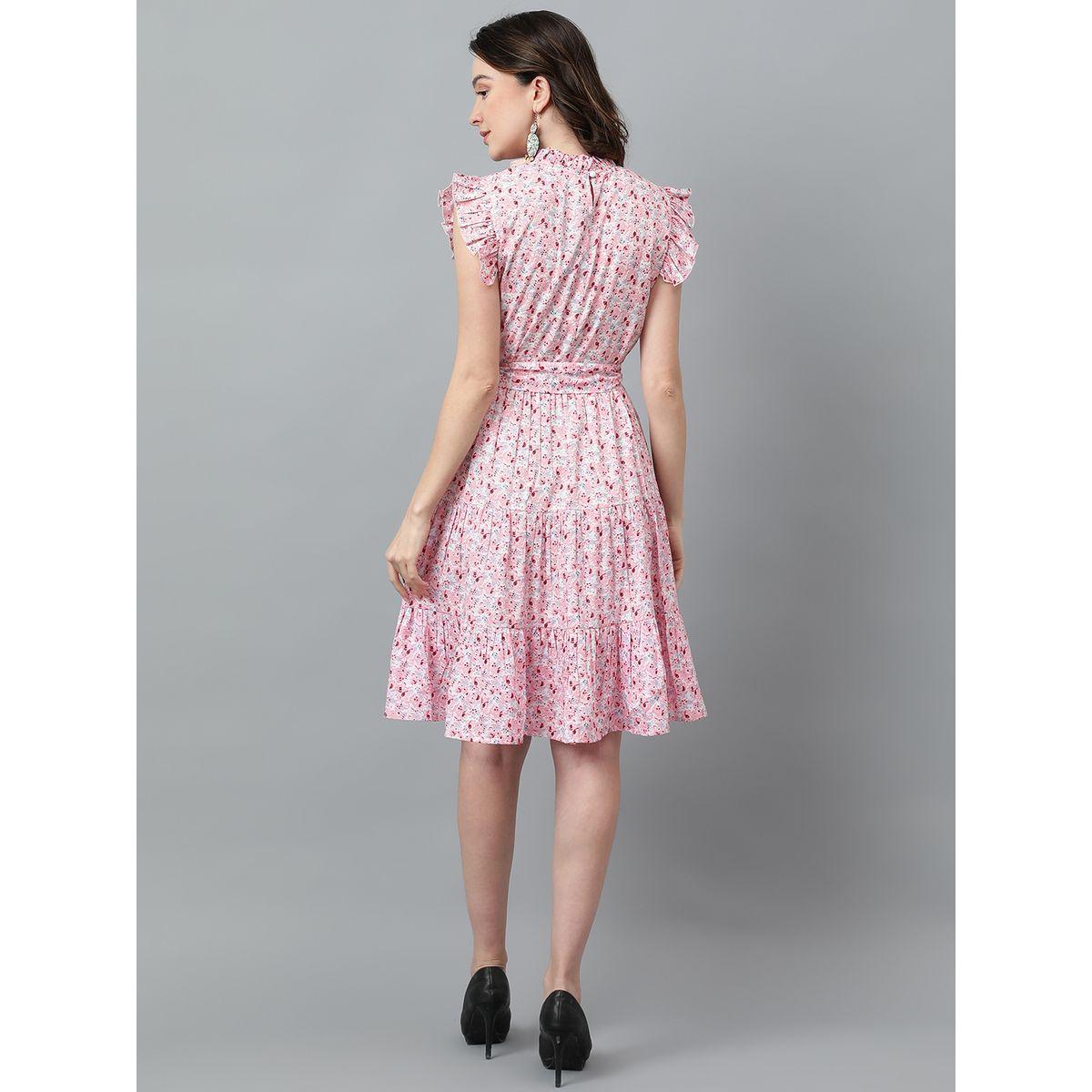 Kotty X Styli  Floral Print Knee Length Dress with Ruffle Detail-women-clothing-dresses-image-2