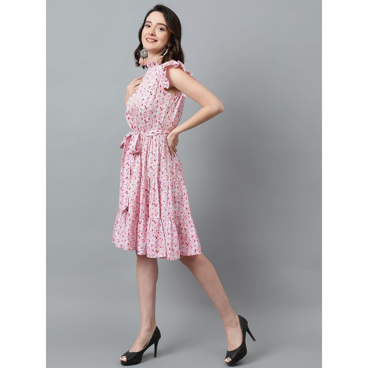Kotty X Styli  Floral Print Knee Length Dress with Ruffle Detail-women-clothing-dresses-image-3