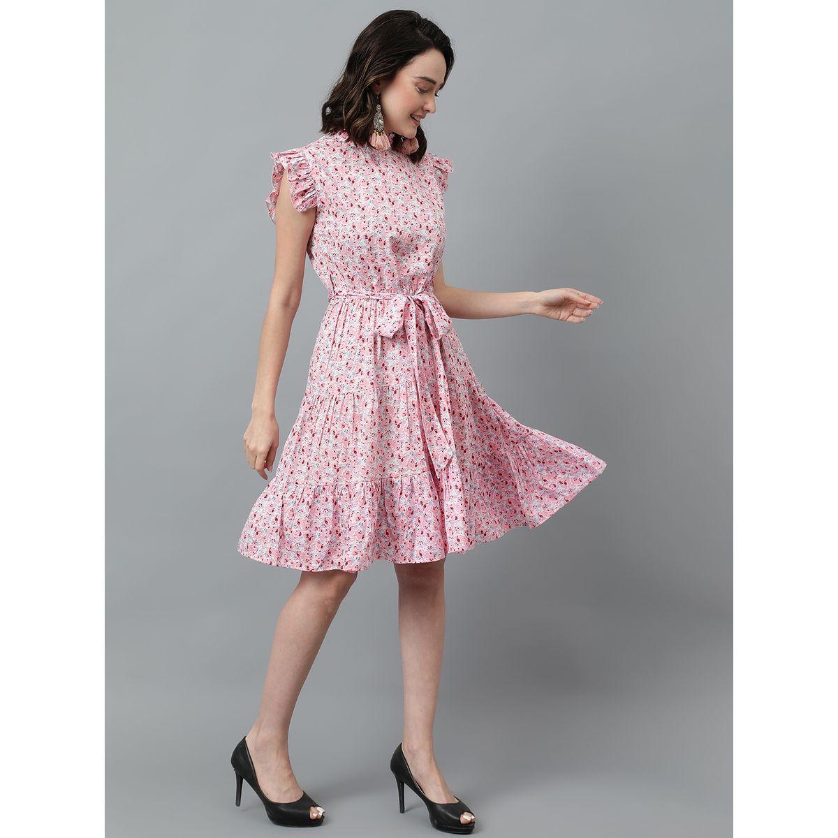 Kotty X Styli  Floral Print Knee Length Dress with Ruffle Detail-women-clothing-dresses-image-4