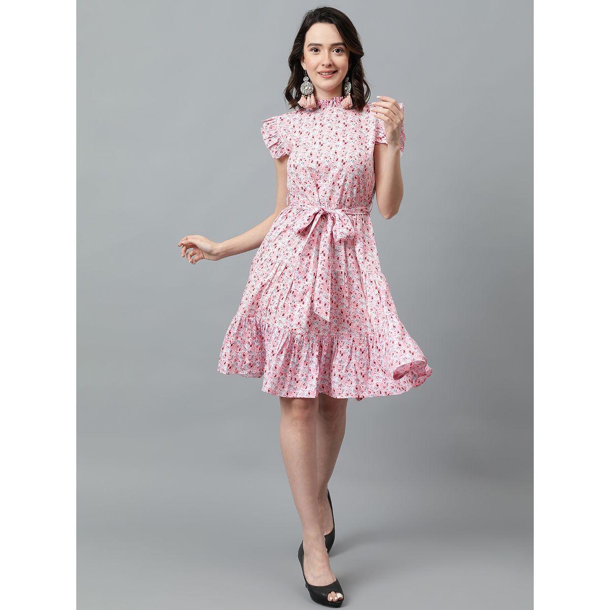 Kotty X Styli  Floral Print Knee Length Dress with Ruffle Detail-women-clothing-dresses-image-7
