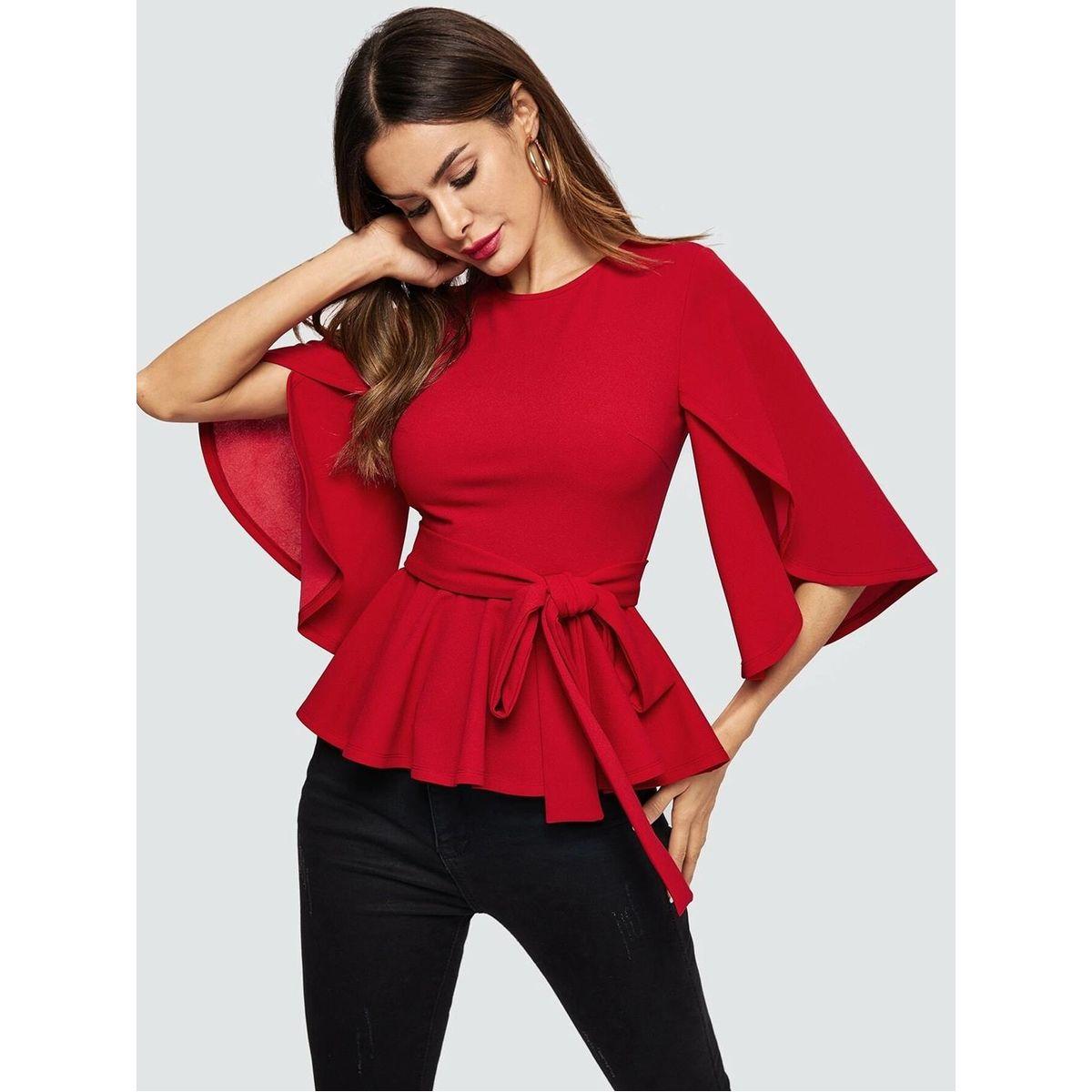 Kotty X Styli  Self Tie Belt Peplum Top with Slit Sleeves-women-clothing-shirtsandblouses-blouses-image-1
