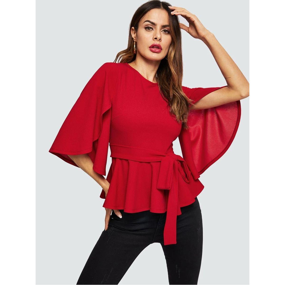 Kotty X Styli  Self Tie Belt Peplum Top with Slit Sleeves-women-clothing-shirtsandblouses-blouses-image-2